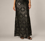 Metallic Baroque Scroll Velvet Burnout Gown In Black Gold 4