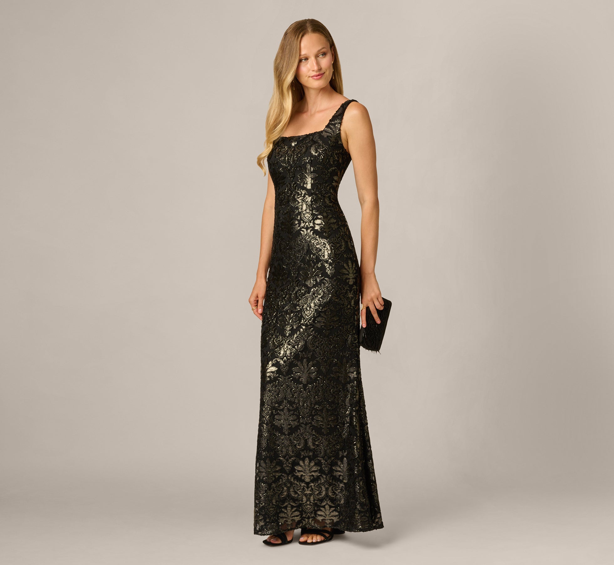 Metallic Baroque Scroll Velvet Burnout Gown In Black Gold 1