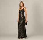 Metallic Baroque Scroll Velvet Burnout Gown In Black Gold 1