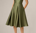 Square Neck Mikado Fit And Flare Midi Dress In Jungle Olive 4