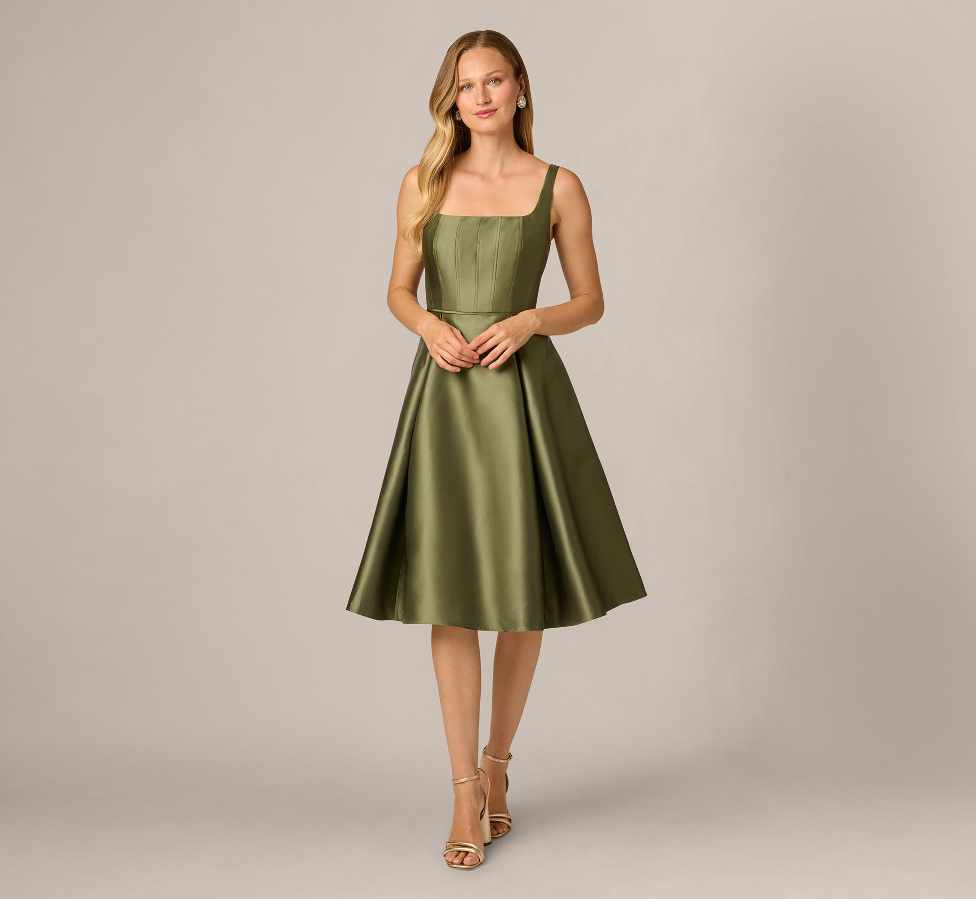 Square Neck Mikado Fit And Flare Midi Dress In Jungle Olive 1