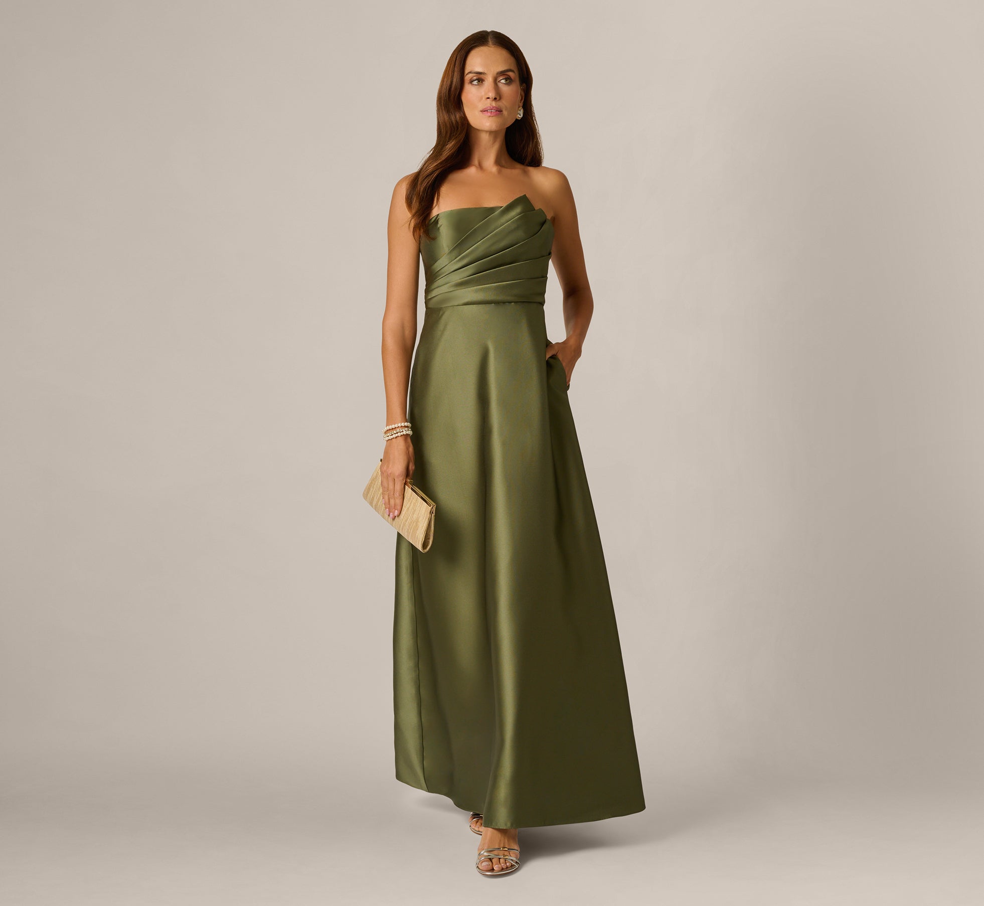 Strapless Fan Pleated Mikado Gown In Jungle Olive 1