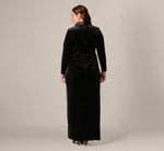 Plus Size Long Sleeve Velvet Tuxedo Gown In Black 5