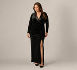 Plus Size Long Sleeve Velvet Tuxedo Gown In Black 2