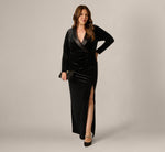 Plus Size Long Sleeve Velvet Tuxedo Gown In Black 1