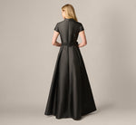 Cap Sleeve Belted Mikado Ballgown In Black 5