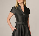 Cap Sleeve Belted Mikado Ballgown In Black 4