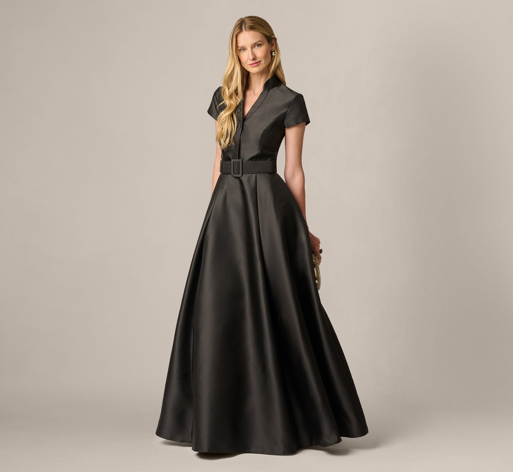 Cap Sleeve Belted Mikado Ballgown In Black 1