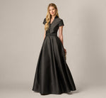 Cap Sleeve Belted Mikado Ballgown In Black 1