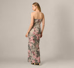 Strapless Floral Matelasse Column Gown In Slate Blush Multi 6