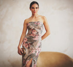 Strapless Floral Matelasse Column Gown In Slate Blush Multi 1