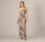 Strapless Floral Matelasse Column Gown In Slate Blush Multi 3