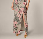 Strapless Floral Matelasse Column Gown In Slate Blush Multi 4