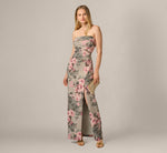 Strapless Floral Matelasse Column Gown In Slate Blush Multi 2