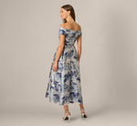 Off Shoulder Metallic Floral Organza Ankle Length Dress In Blue Multi 5