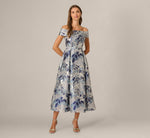 Off Shoulder Metallic Floral Organza Ankle Length Dress In Blue Multi 2