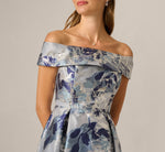 Off Shoulder Metallic Floral Organza Ankle Length Dress In Blue Multi 3
