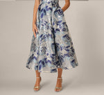 Off Shoulder Metallic Floral Organza Ankle Length Dress In Blue Multi 4