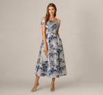 Off Shoulder Metallic Floral Organza Ankle Length Dress In Blue Multi 1