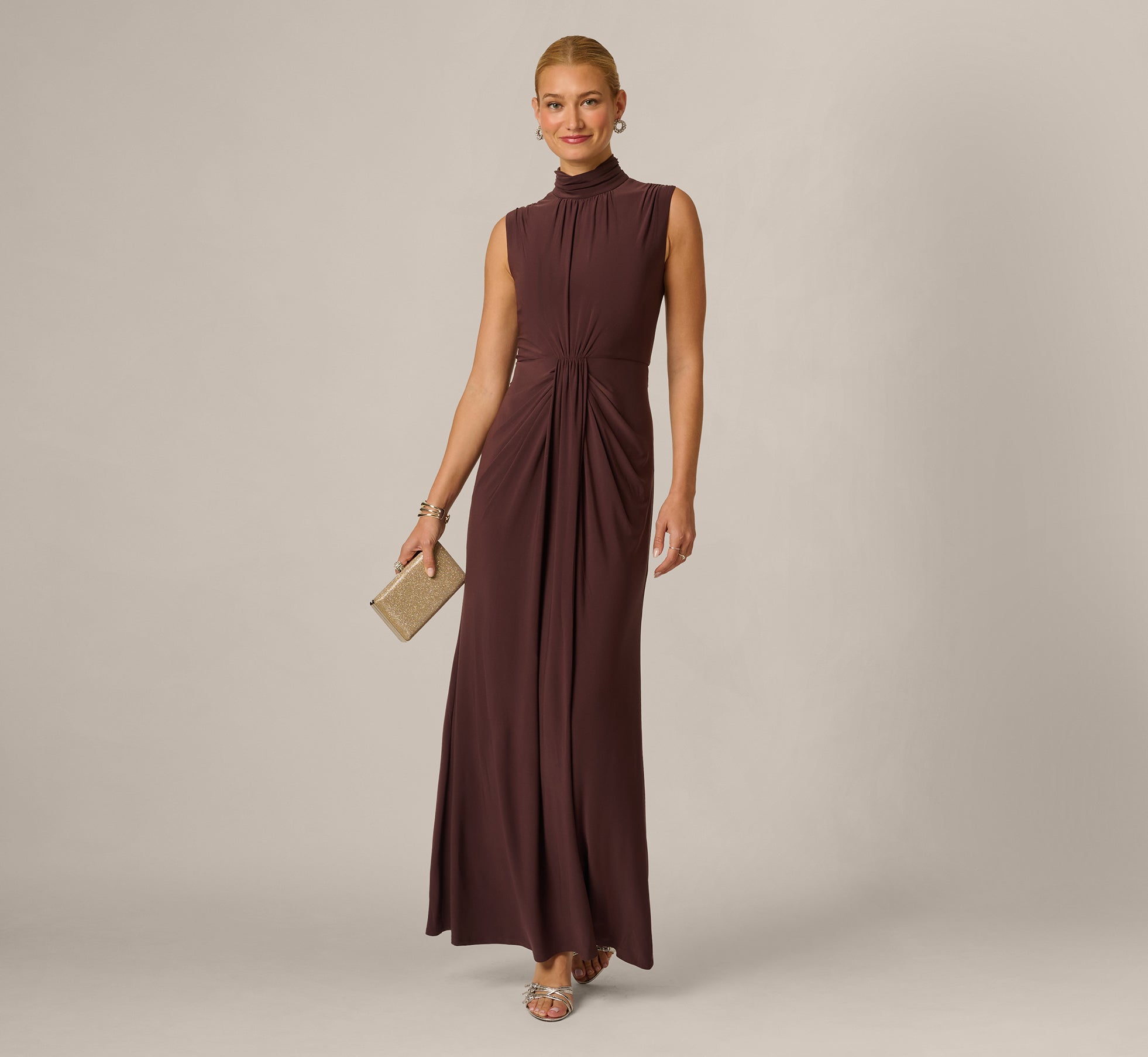 Draped Stretch Jersey Mockneck Gown In Dark Raisin 1