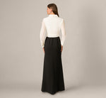 Long Sleeve Tie Waist Organza Combo Gown In Black Ivory 5