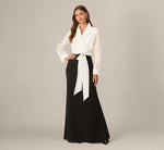 Long Sleeve Tie Waist Organza Combo Gown In Black Ivory 2