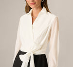 Long Sleeve Tie Waist Organza Combo Gown In Black Ivory 3