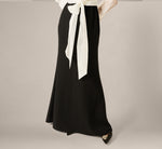 Long Sleeve Tie Waist Organza Combo Gown In Black Ivory 4