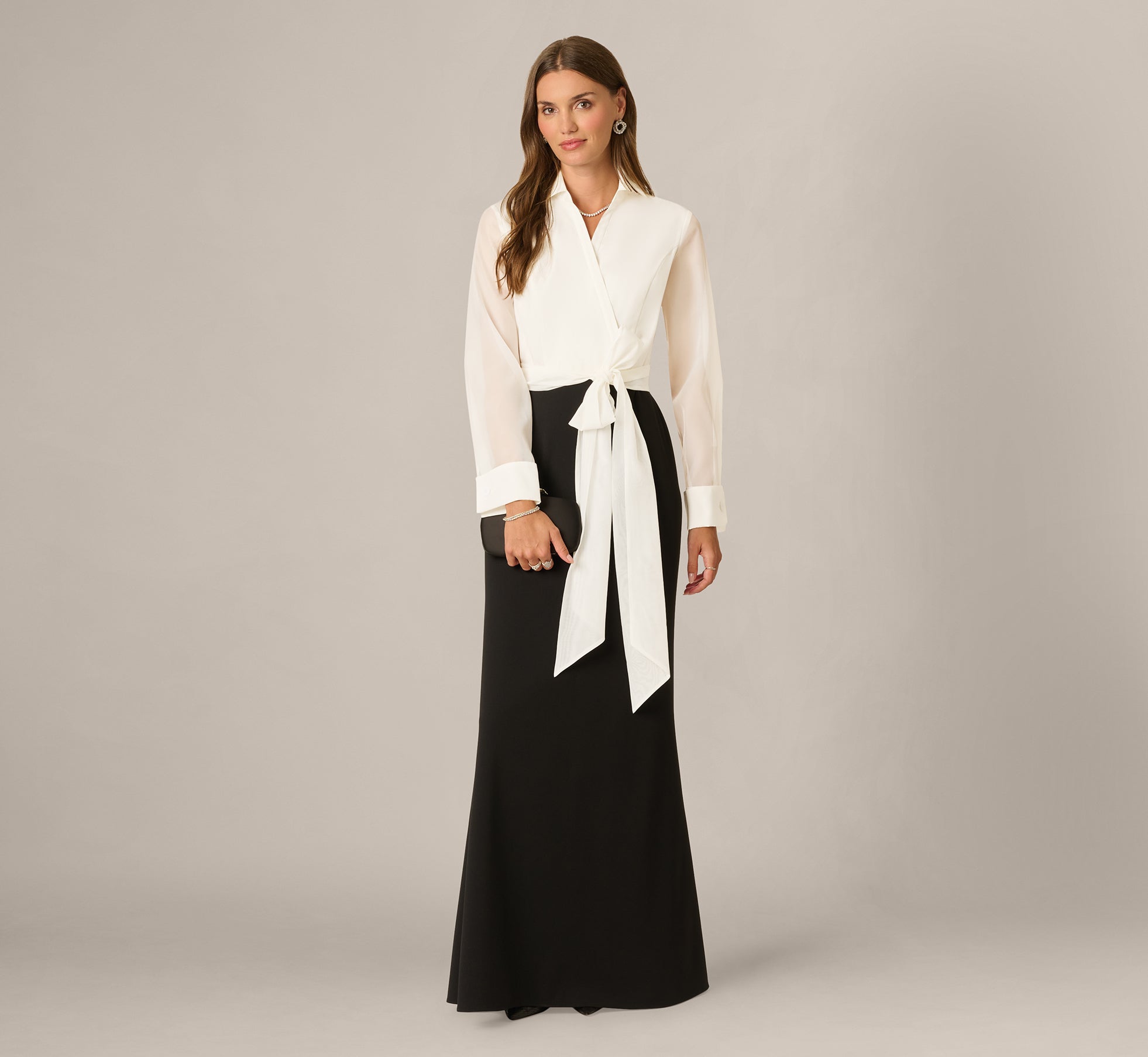 Long Sleeve Tie Waist Organza Combo Gown In Black Ivory 1