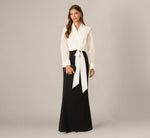 Long Sleeve Tie Waist Organza Combo Gown In Black Ivory 1