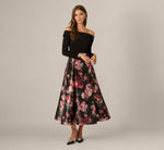 Long Sleeve Off Shoulder Floral Mikado Combo Dress In Black Multi 2