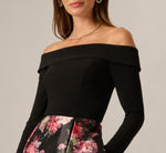 Long Sleeve Off Shoulder Floral Mikado Combo Dress In Black Multi 3
