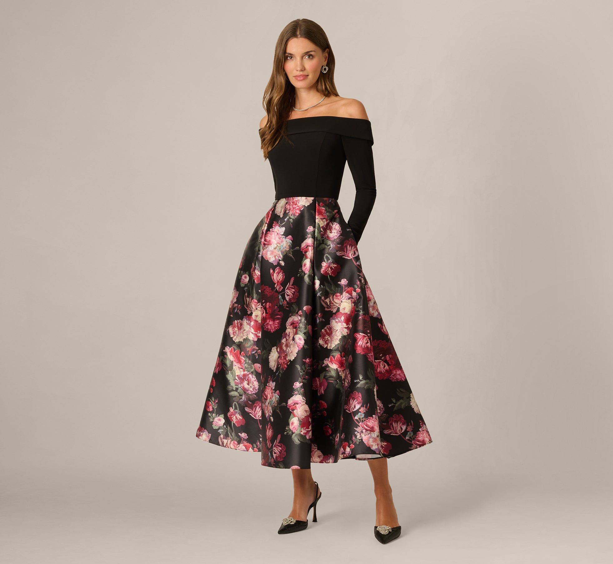 Long Sleeve Off Shoulder Floral Mikado Combo Dress In Black Multi 1