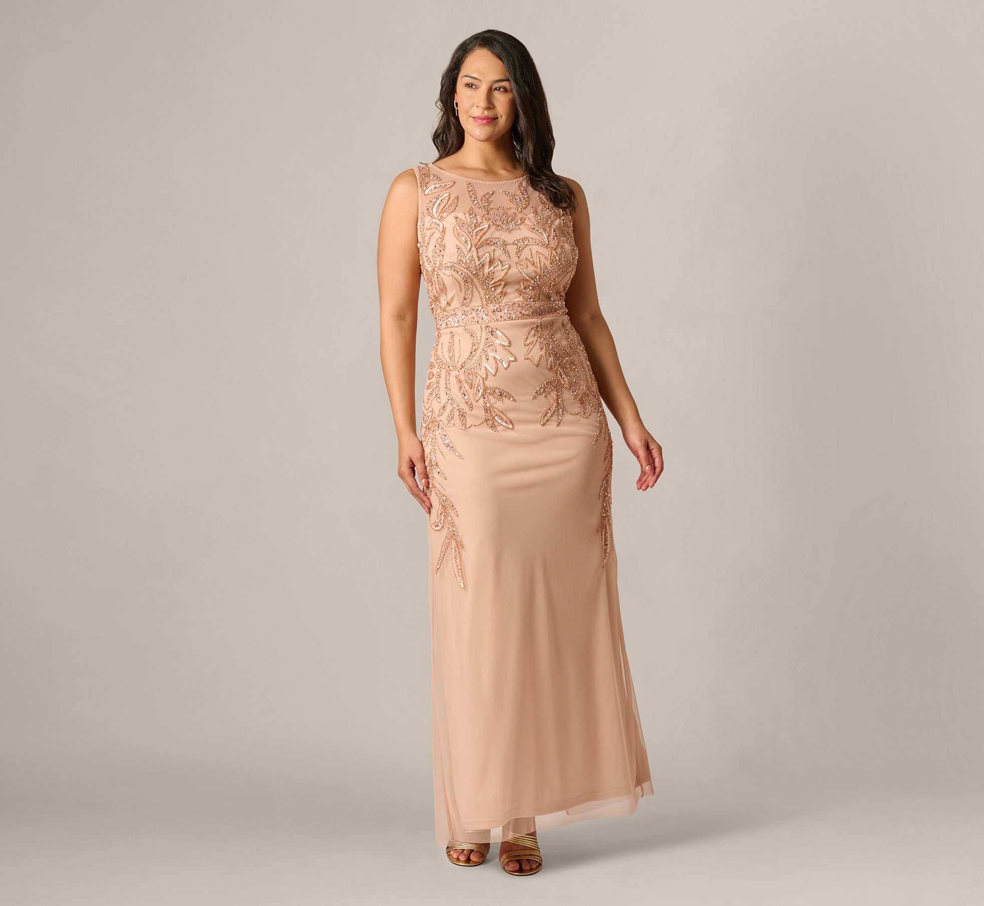 R Plus Size Adrianna Papell Hand-Beaded Sleeveless Slim Column Gown