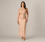 Plus Size Adrianna Papell Hand-Beaded Sleeveless Slim Column Gown In Rose Gold 1