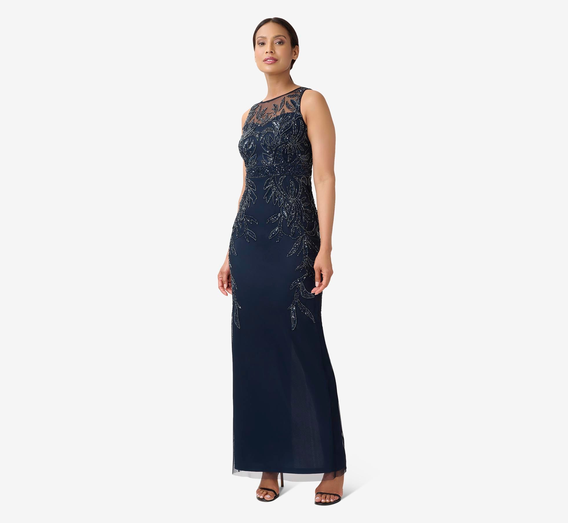 adrianna papell women's beaded mesh slim column dress Navy Adrianna Papell Hand-Beaded Sleeveless Slim Column Gown