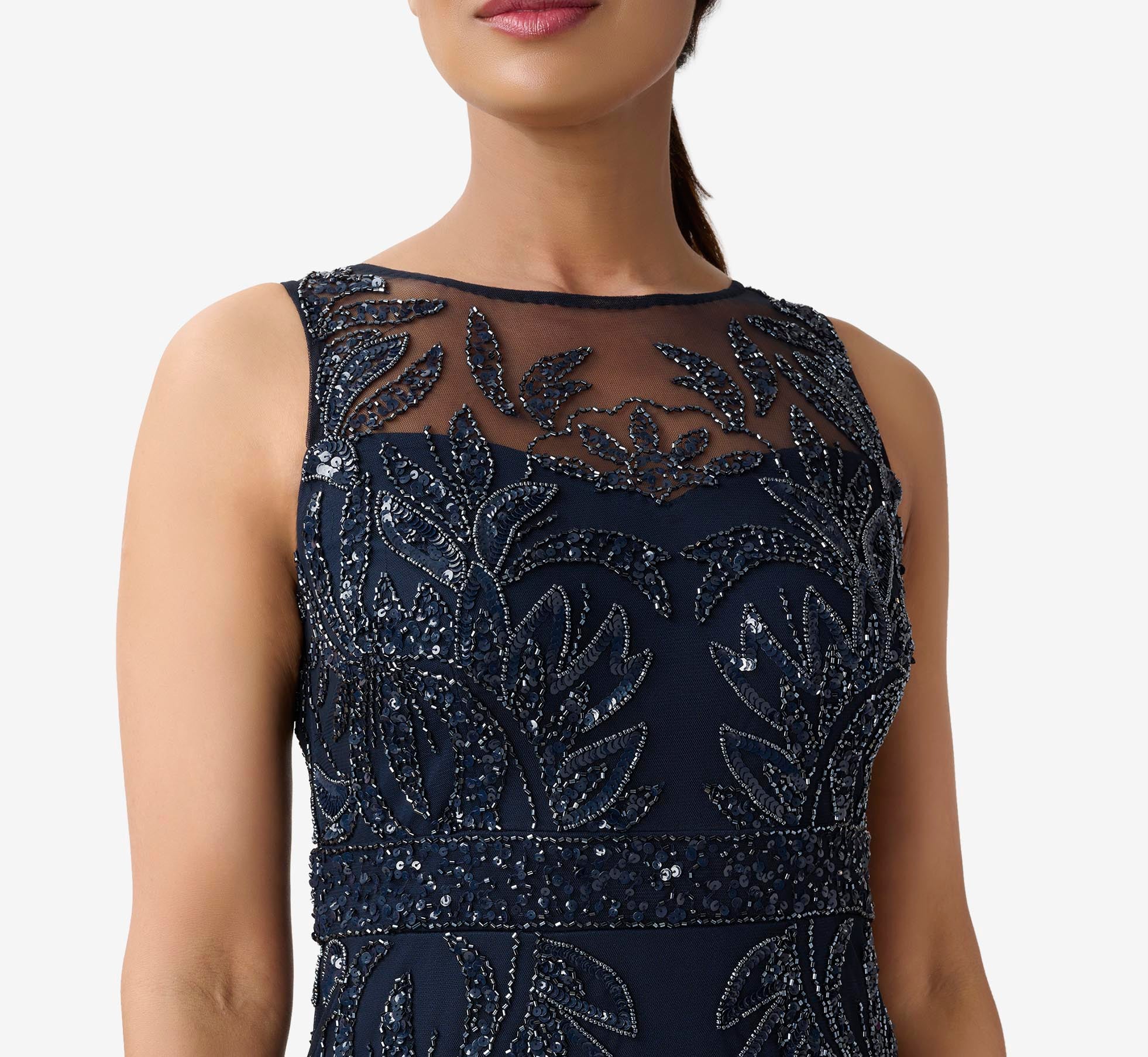 Navy Adrianna Papell Hand-Beaded Sleeveless Slim Column Gown
