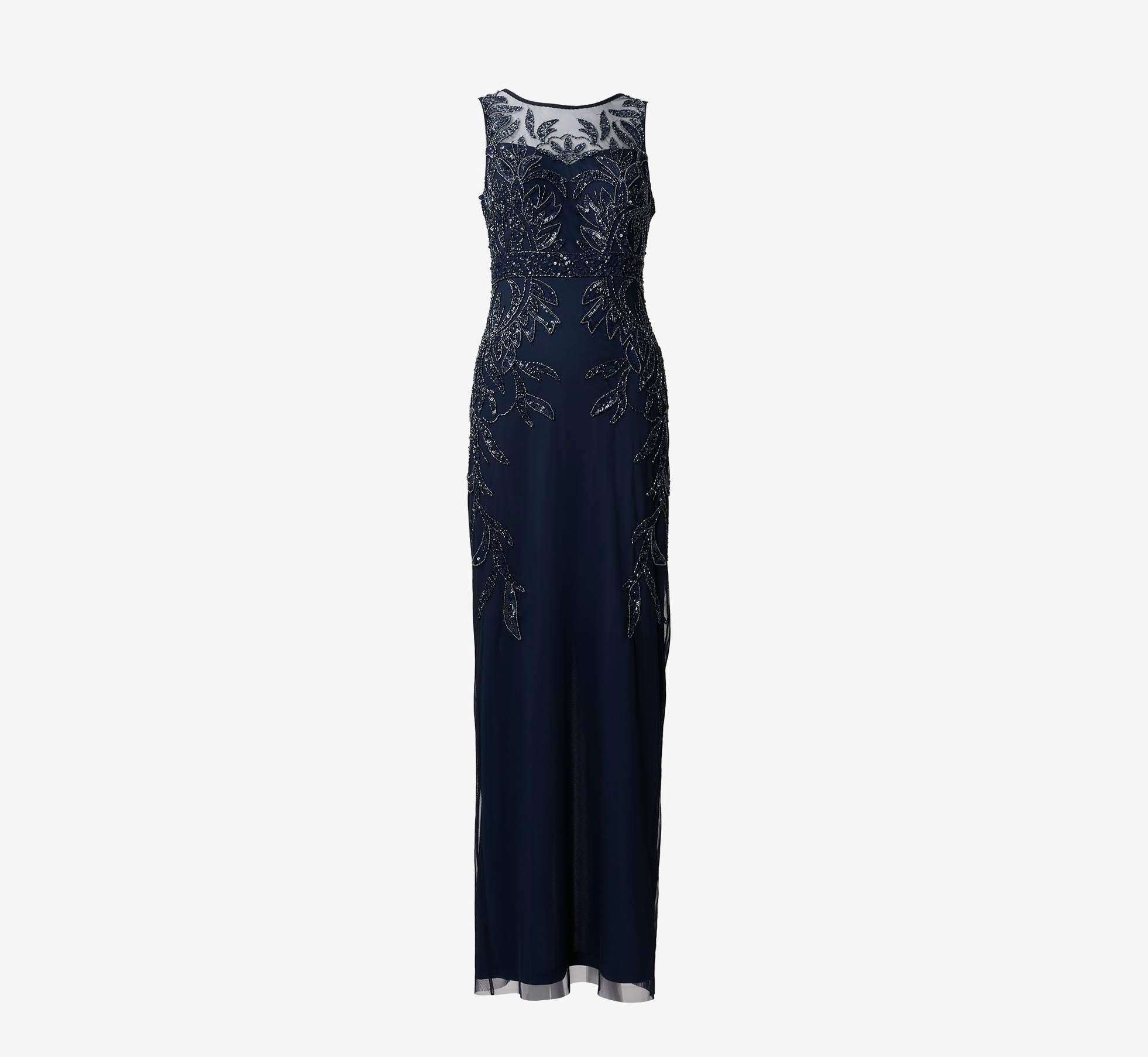 adrianna papell women's beaded mesh slim column dress Navy Adrianna Papell Hand-Beaded Sleeveless Slim Column Gown