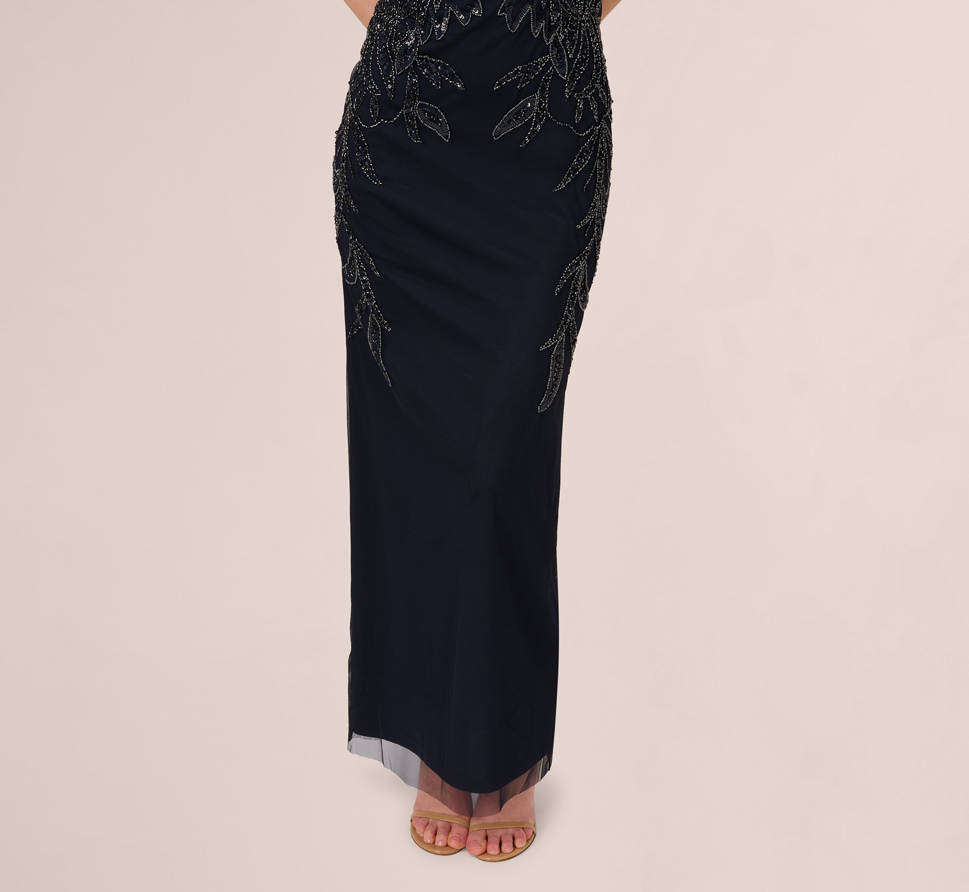 adrianna papell women's beaded mesh slim column dress Navy Adrianna Papell Hand-Beaded Sleeveless Slim Column Gown