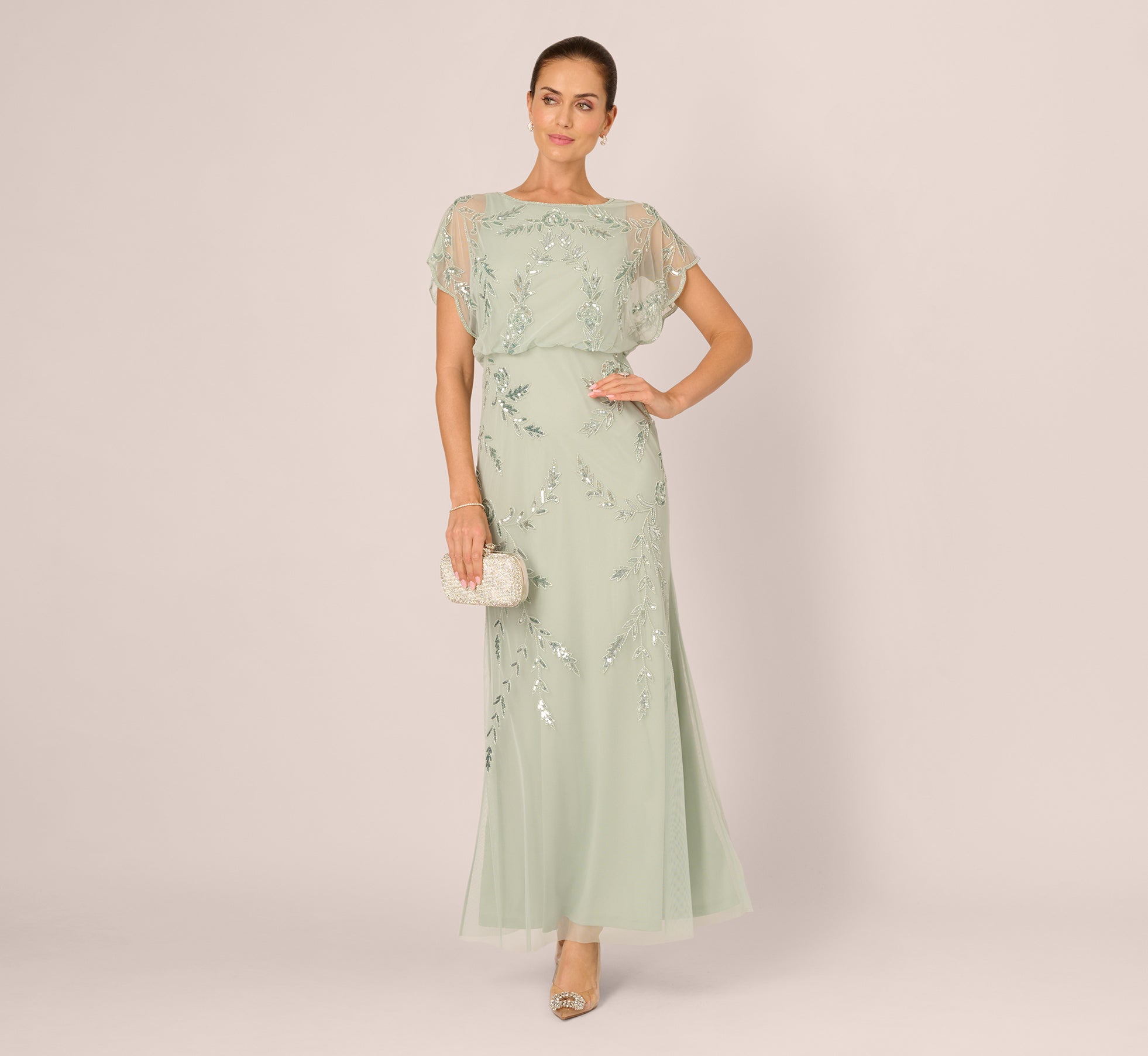 Hand-Beaded Illusion Long Blouson Gown In Icy Sage 1