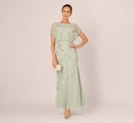 Hand-Beaded Illusion Long Blouson Gown In Icy Sage 1