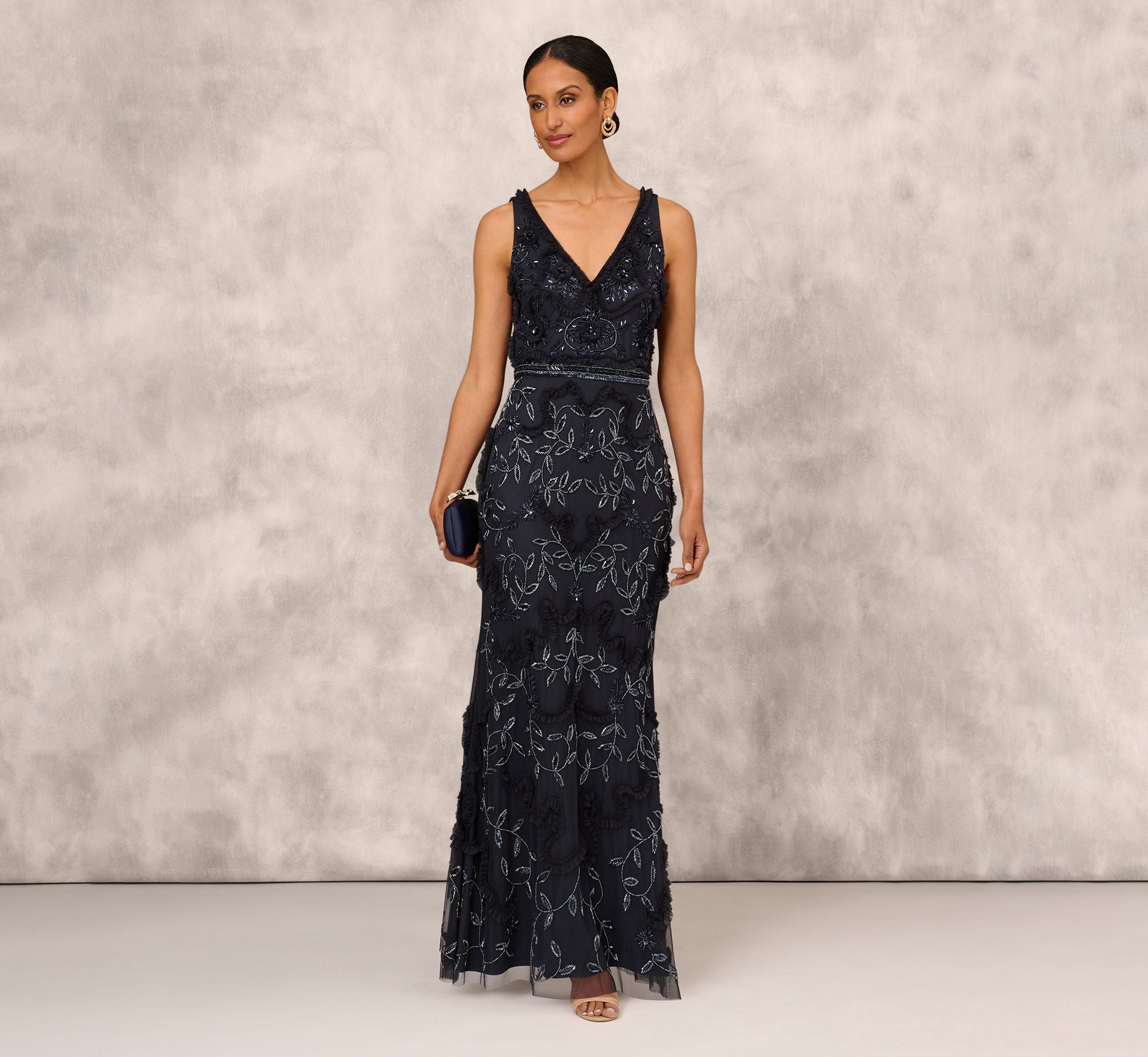 adrianna papell Beaded Ruffle Sleeveless Gown With V-Neck And Back