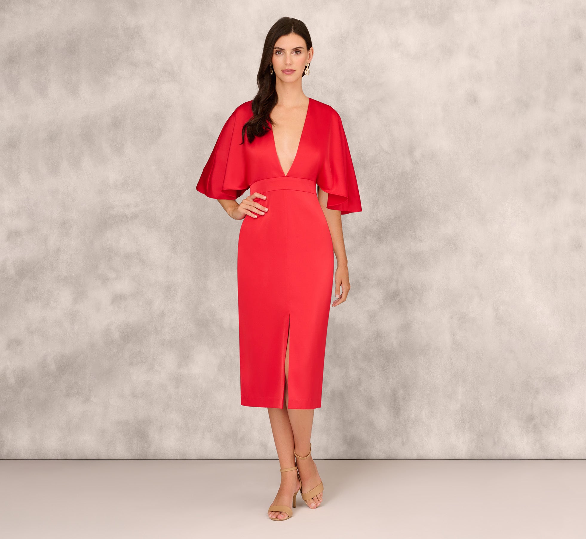 Crepe Back Satin Midi Dress With Flutter Sleeves In Chateau Red Crepe Back Satin Midi Dress With Flutter Sleeves In Chateau Red