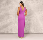 Sleeveless Satin Crepe Column Gown With Bow Waist In Wild Orchid 5