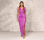 Sleeveless Satin Crepe Column Gown With Bow Waist In Wild Orchid 2