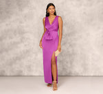 Sleeveless Satin Crepe Column Gown With Bow Waist In Wild Orchid 1