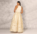 Metallic Jacquard Sleeveless Ball Gown With Crinoline Details In Light Gold 5