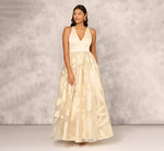 Metallic Jacquard Sleeveless Ball Gown With Crinoline Details In Light Gold 2