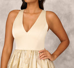 Metallic Jacquard Sleeveless Ball Gown With Crinoline Details In Light Gold 3