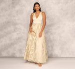 Metallic Jacquard Sleeveless Ball Gown With Crinoline Details In Light Gold 1